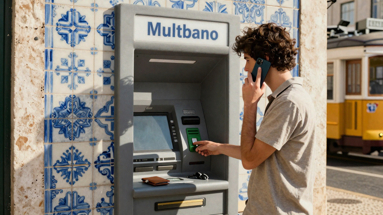 Man using fingerprint scanner on Multibanco ATM while talking on phone against blue and white tiled wall.