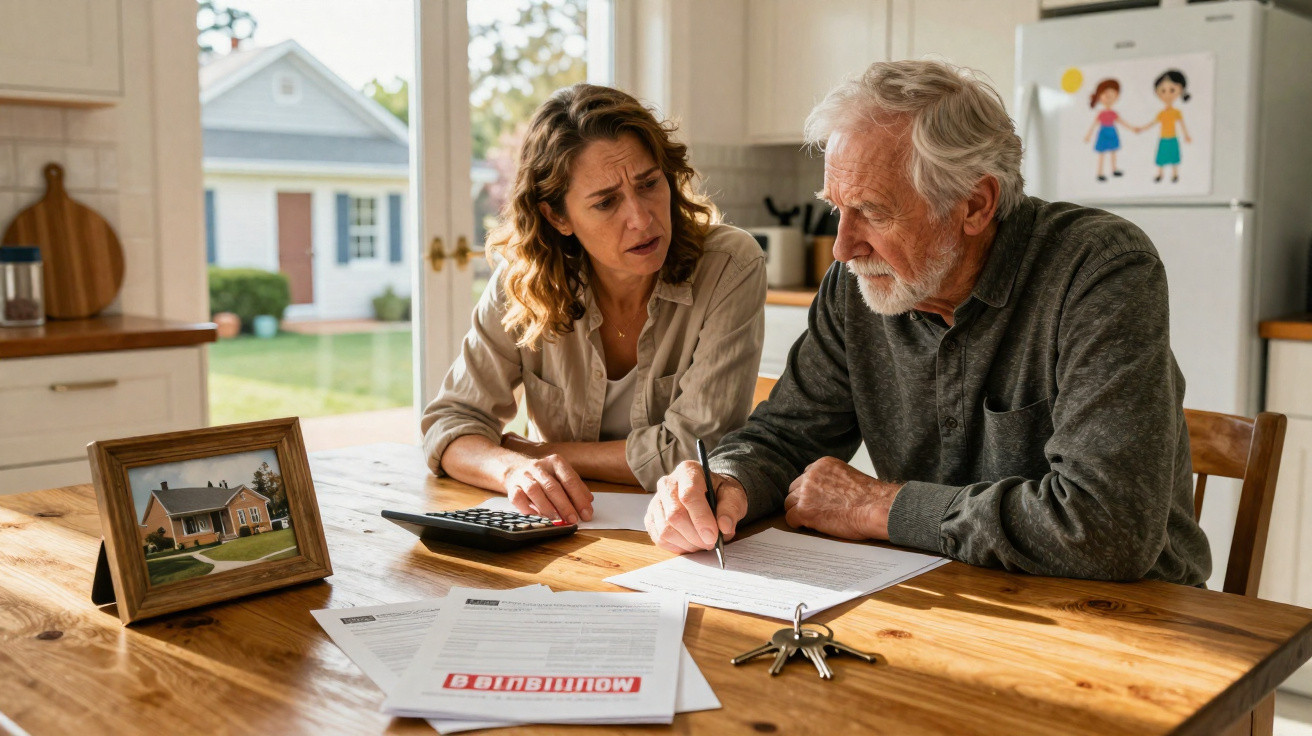 Concerned woman and elderly man reviewing mortgage documents at a kitchen table with keys and calculator.