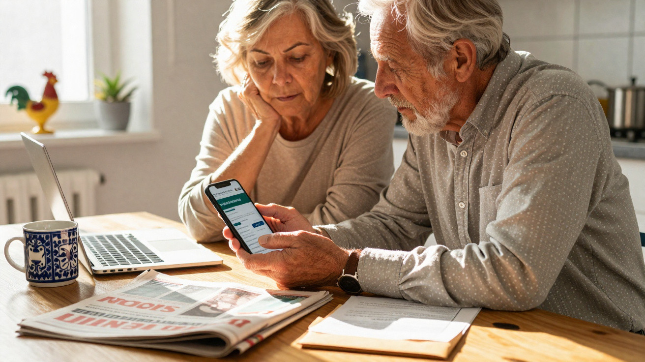 Older couple sitting at a table, looking at a smartphone, with a laptop, newspaper, and coffee mug nearby.