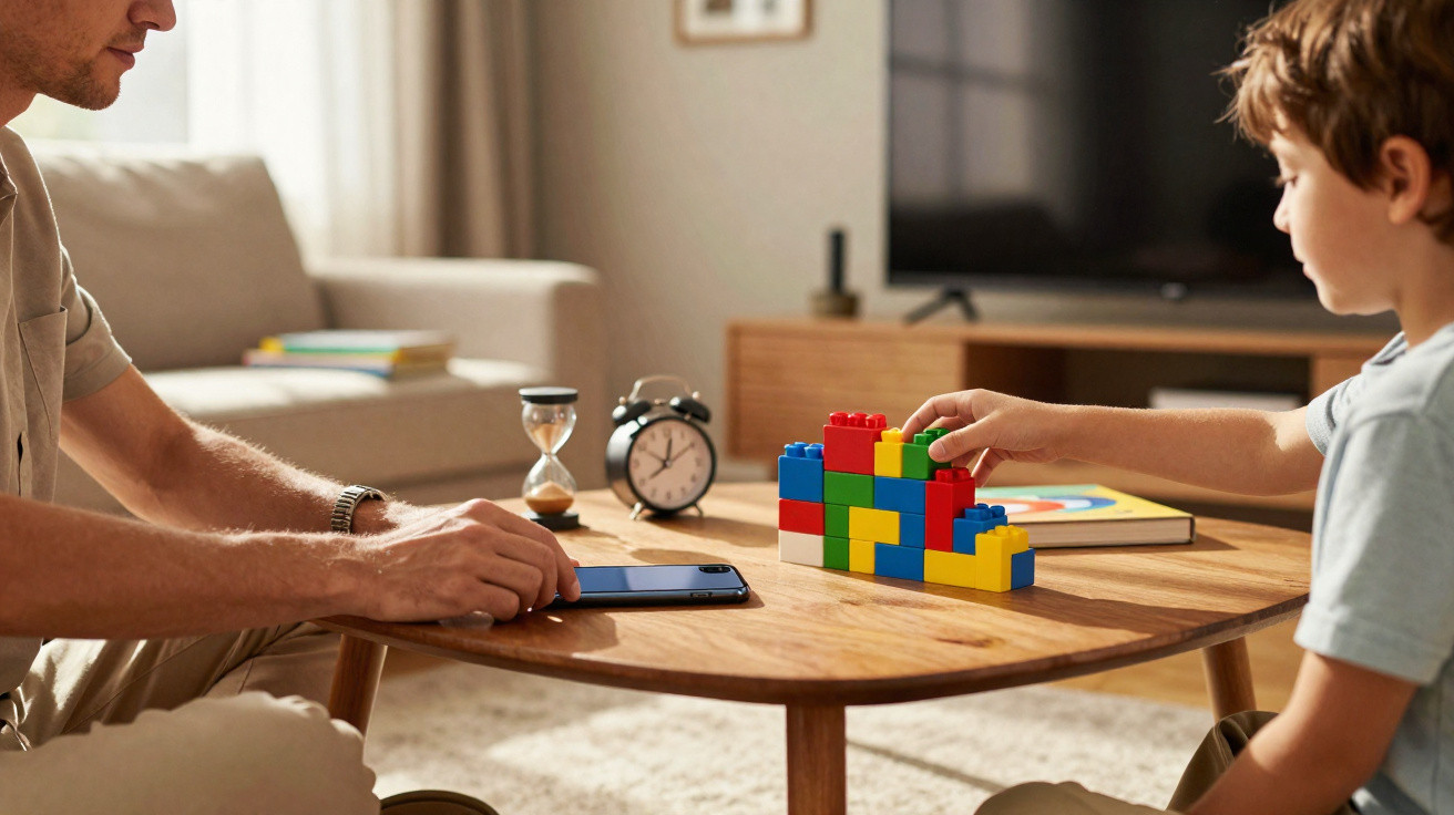 Child and adult sitting at a table playing with colourful building blocks in a cosy living room.