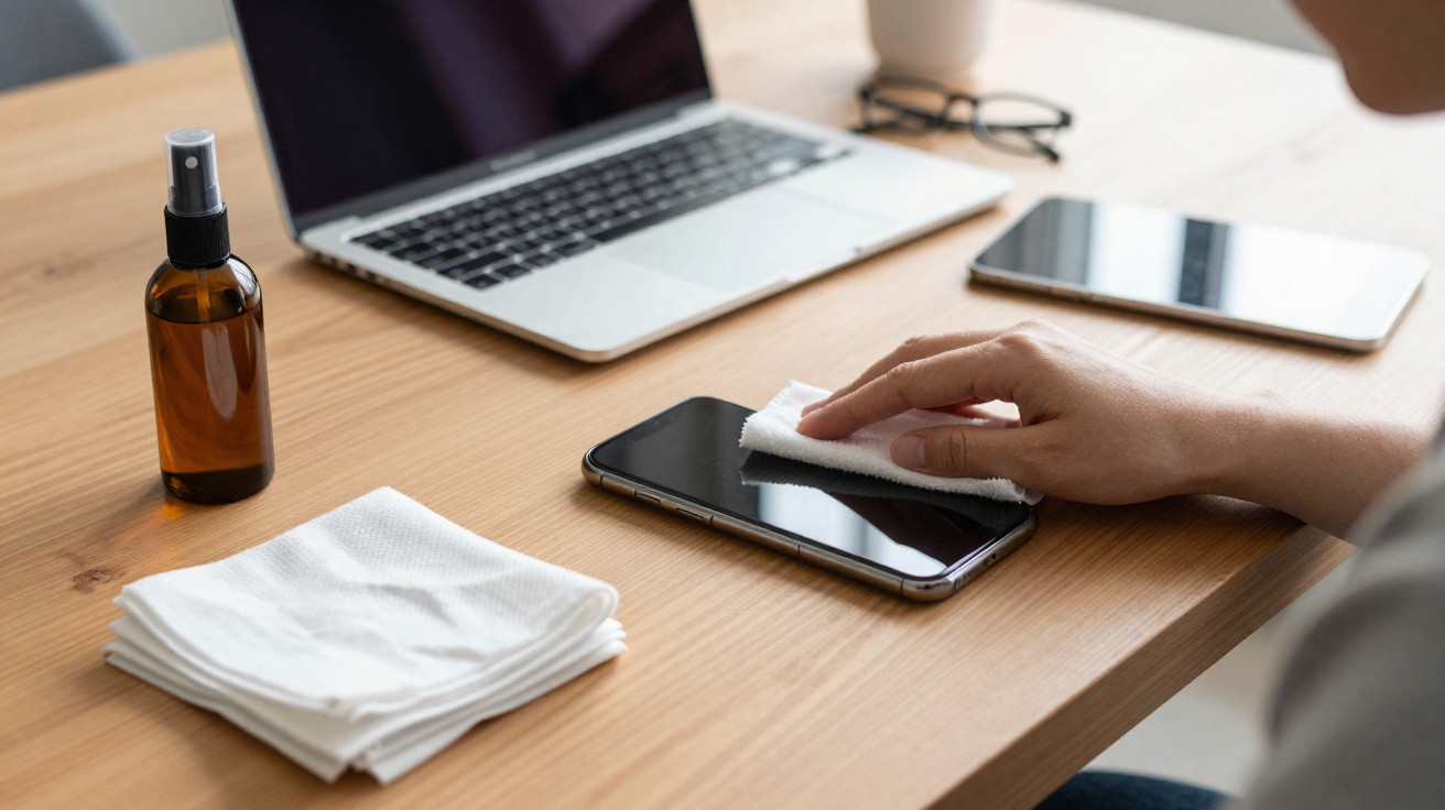Person cleaning a smartphone screen with a cloth on a wooden desk next to a laptop and glasses.