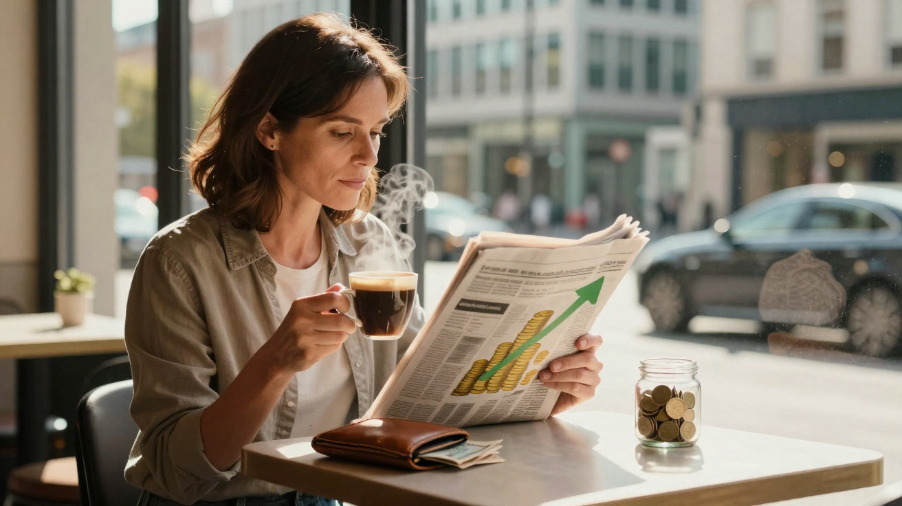 Woman drinking coffee and reading newspaper with rising coin graph in a cafe by a window.