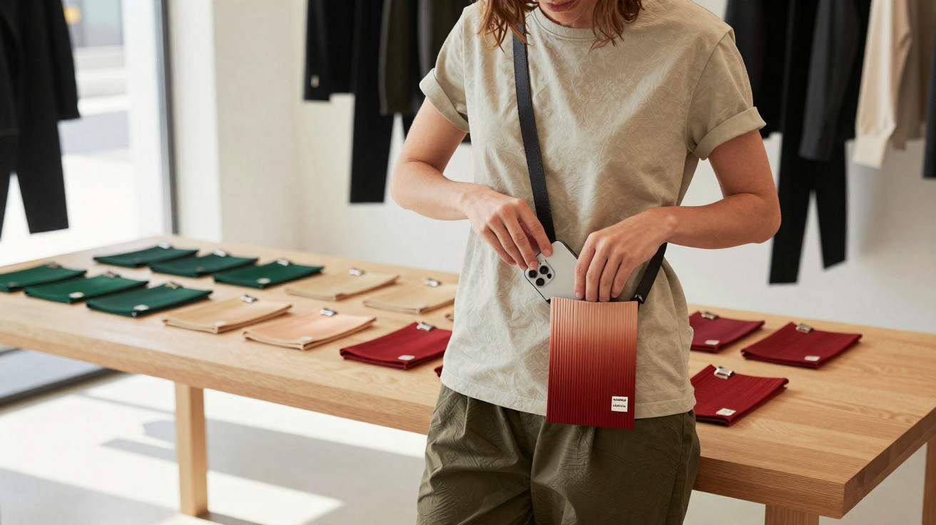 Person placing a smartphone into a small red ombre crossbody bag in a minimalist store with colourful wallets on a wooden tab