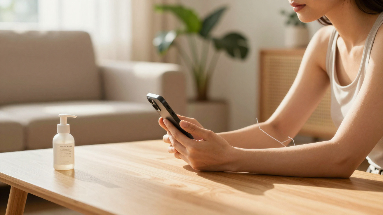 Person using smartphone at a wooden table with a bottle of liquid soap in a bright living room.