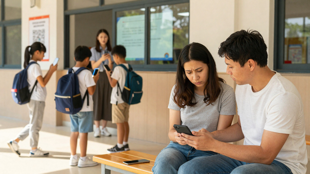 A concerned woman and man sit on a bench, looking at a phone, with children using phones in the background at school.
