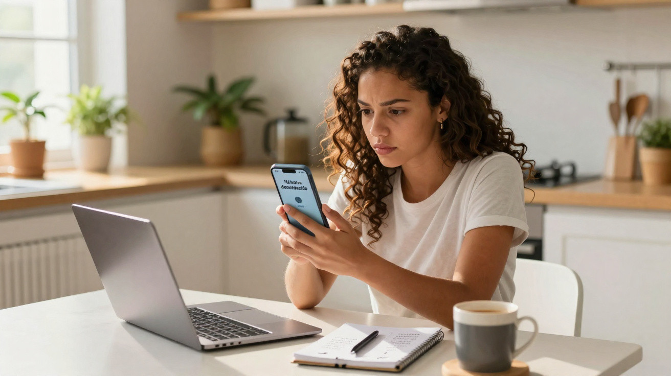 Woman in a white t-shirt sitting at a kitchen table using a smartphone with a laptop, notebook, and coffee cup nearby.