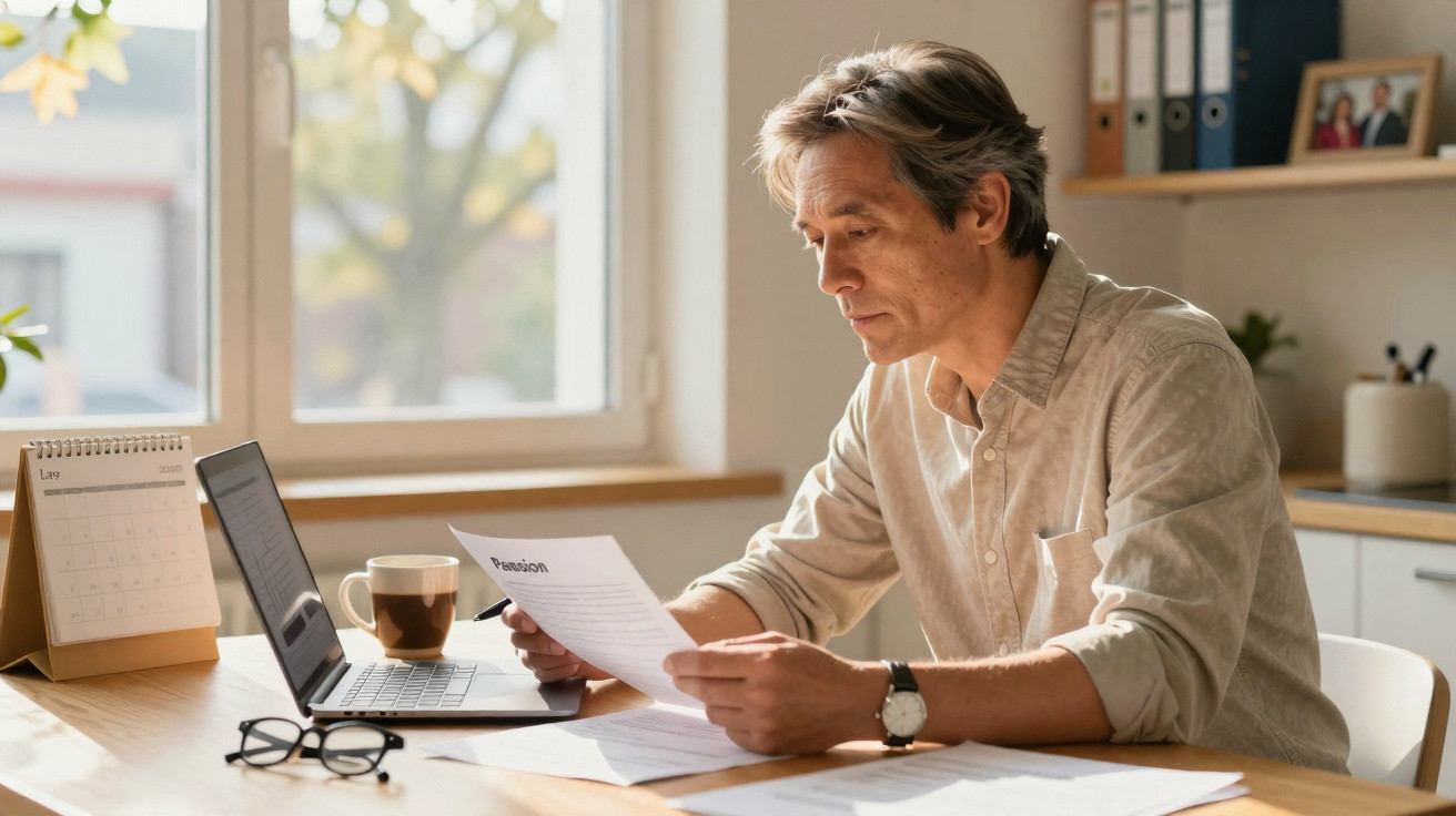 Man sitting at a desk reviewing pension documents with a laptop and coffee in a bright home office.
