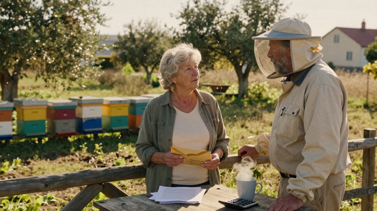 Senior woman and beekeeper talking near colourful beehives on a sunny day in a garden orchard.