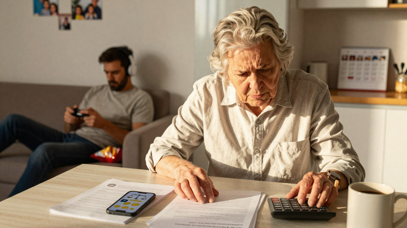 Elderly woman focused on paperwork and using a calculator at a table, younger man gaming in the background.