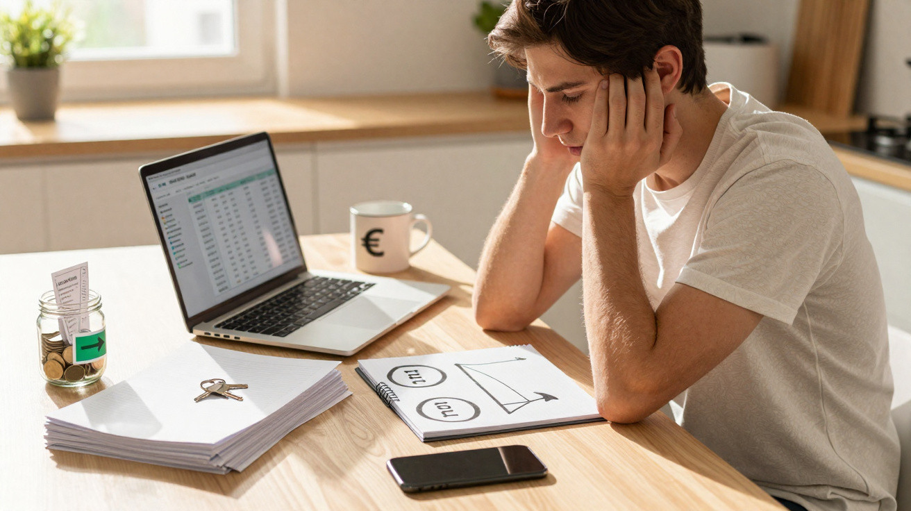 Young man looking stressed while reviewing finances at a kitchen table with laptop, phone, and documents.