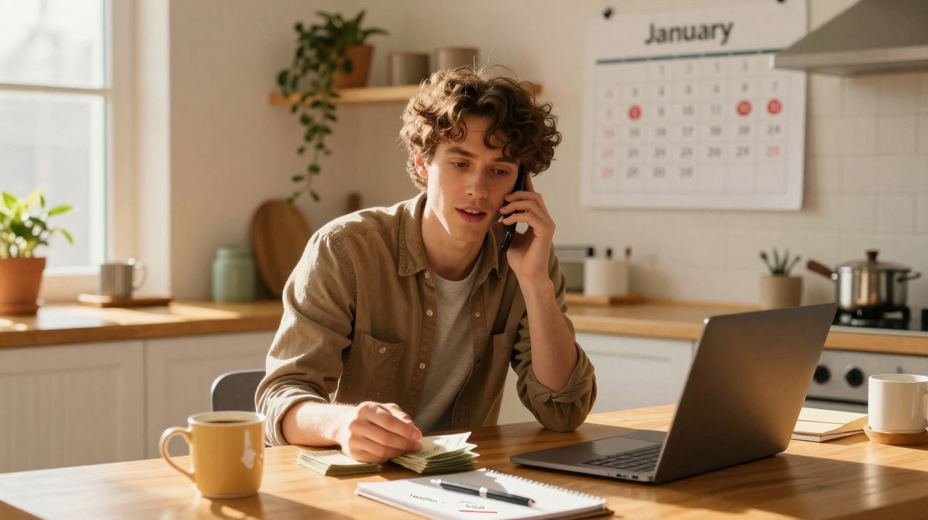 Young man counting money and talking on the phone while working on a laptop in a sunlit kitchen.