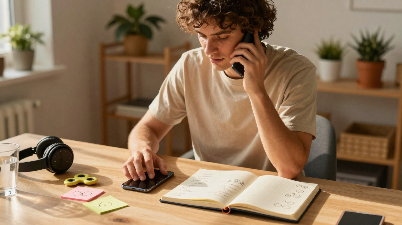 Young man with curly hair using smartphone and notebook, talking on phone at wooden desk with headphones.