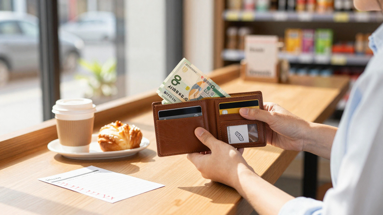 Person holding a brown wallet with cash and cards at a wooden counter with coffee and a croissant.