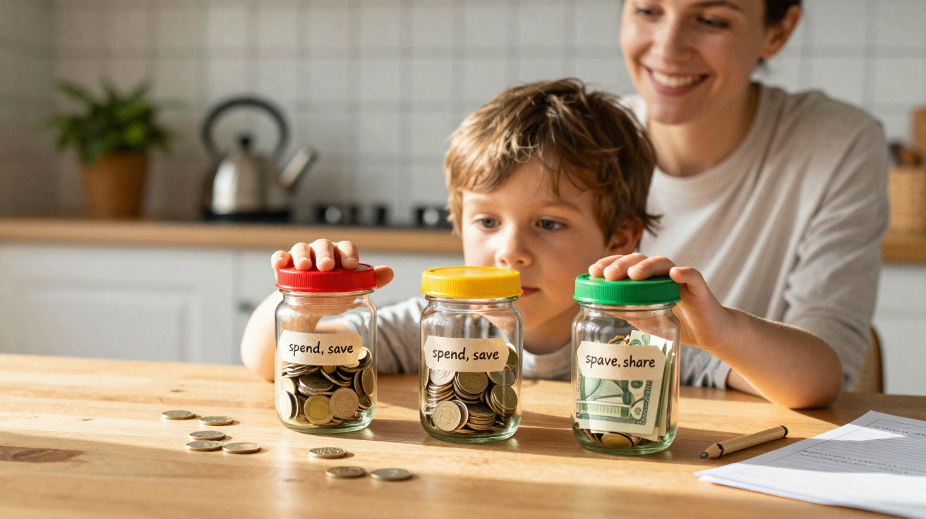 Child and mother sorting coins and notes into labelled glass jars for spend, save, and spave share on kitchen table.