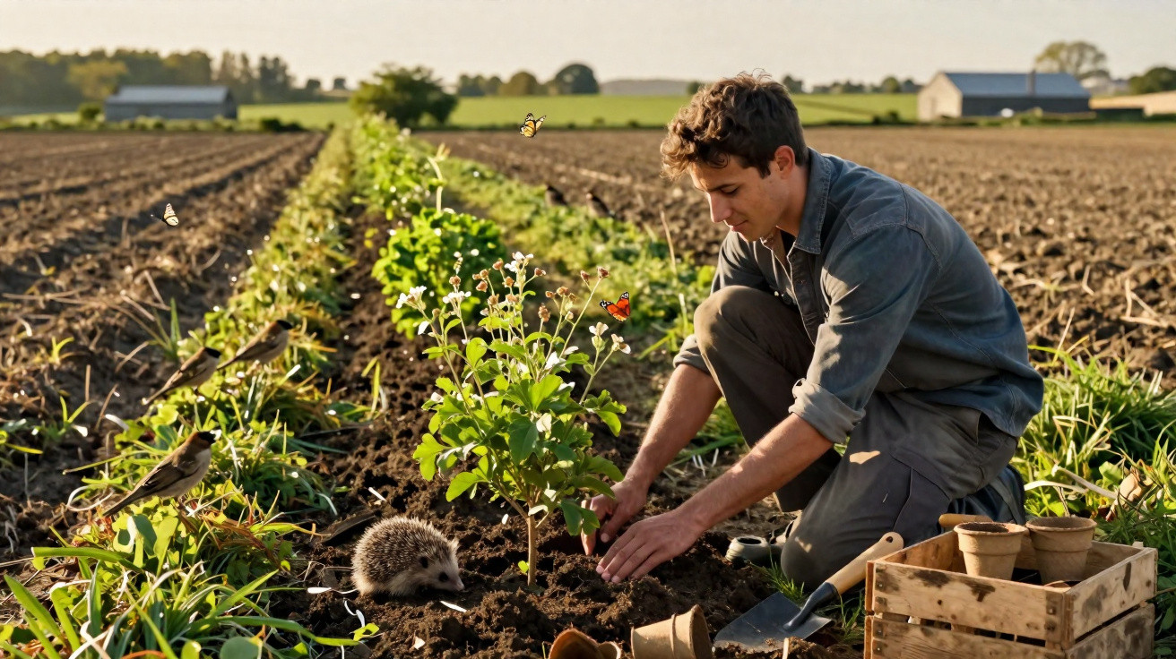 Man kneeling in a field planting a bush surrounded by butterflies, birds, a hedgehog, and gardening tools.