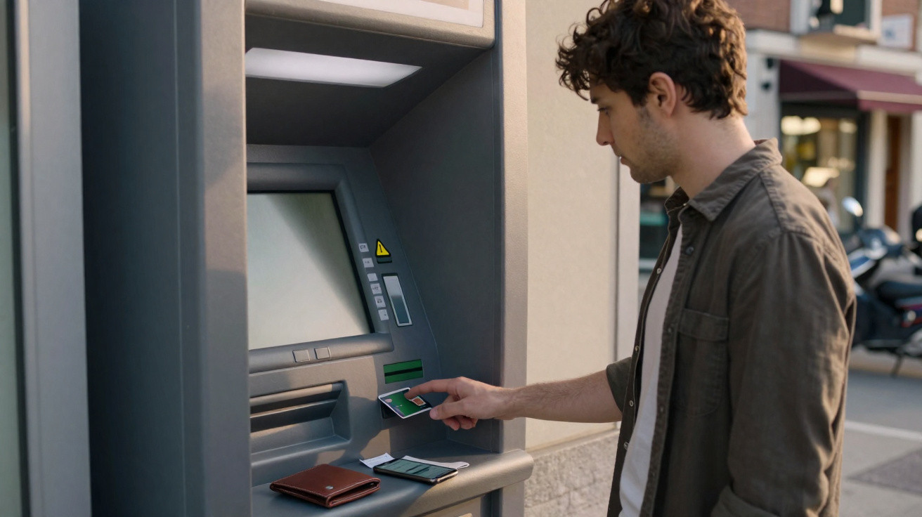Young man using a contactless card at an outdoor ATM machine on a city street.