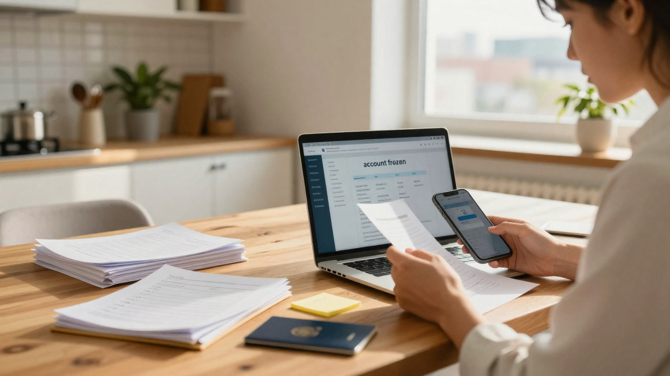Person at wooden table reviewing documents with a laptop displaying an "account frozen" message and holding a smartphone.