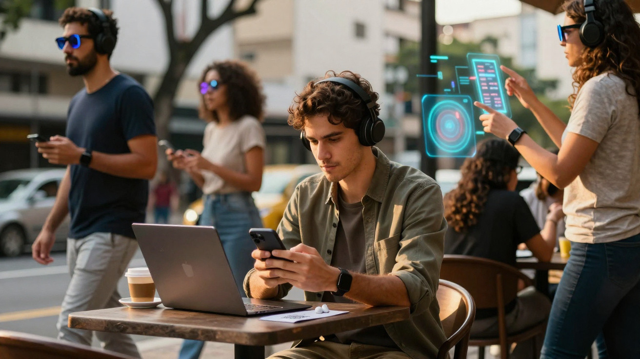 Young man wearing headphones, using smartphone and laptop outdoors at café table in busy urban setting.
