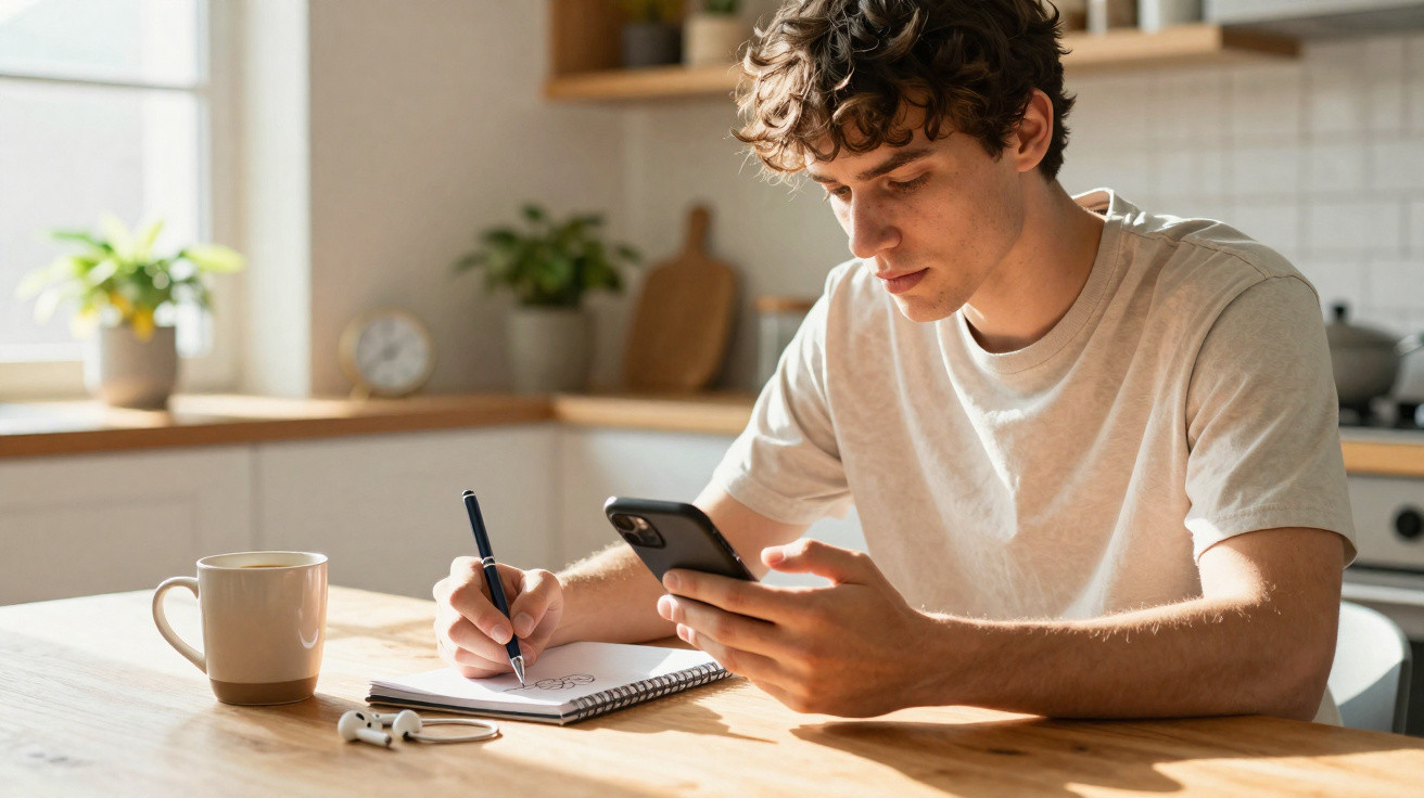 Young man in a bright kitchen writing notes in a notebook while looking at his smartphone.