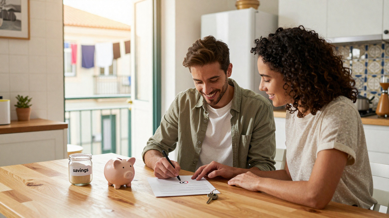Smiling couple signing mortgage papers at kitchen table with piggy bank, savings jar, and house keys.