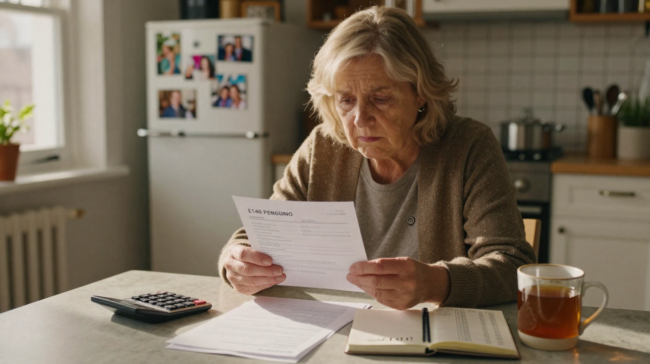 Elderly woman sitting at kitchen table reading a document with calculator and notebook nearby.