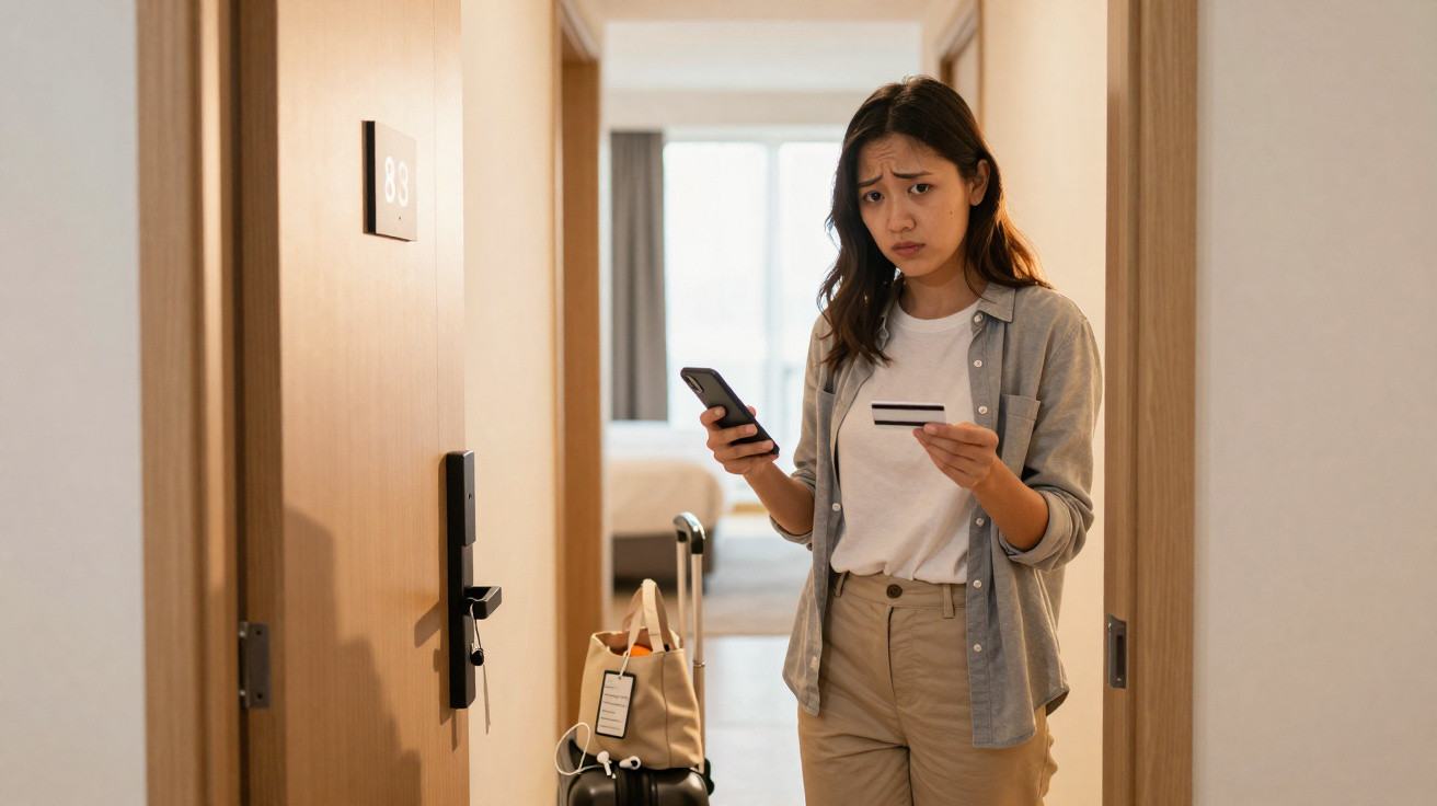 Worried woman holding phone and credit card standing in hotel corridor outside room 83 with luggage.