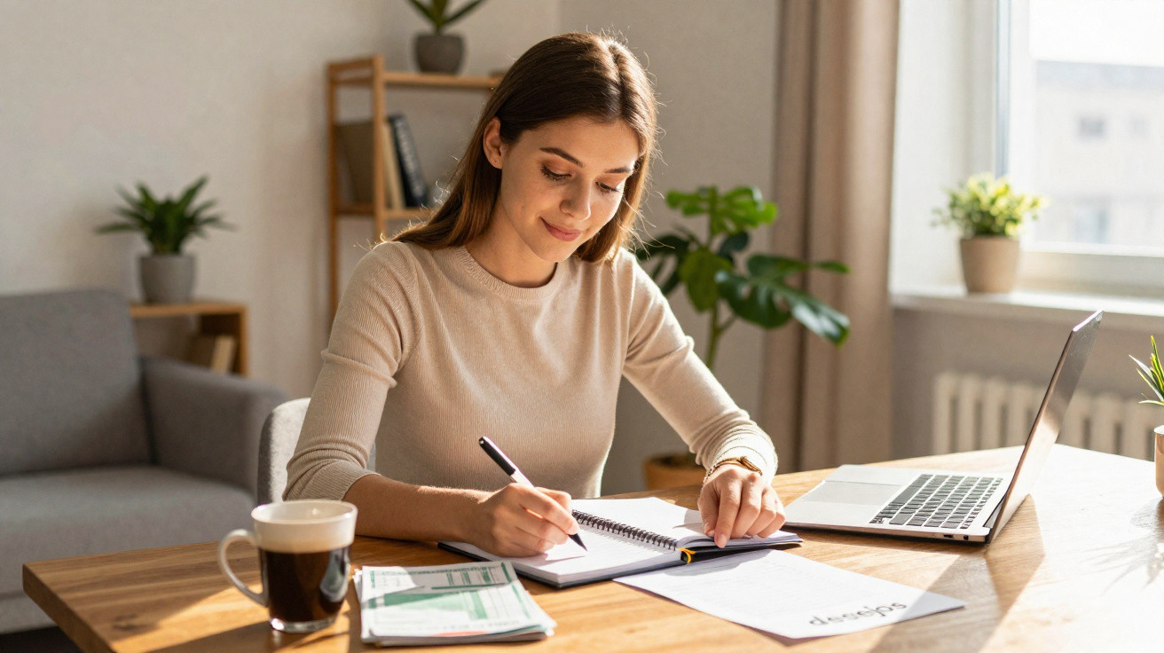 Woman writing in a notebook at a wooden desk with a laptop, documents, and a coffee cup in a bright room.