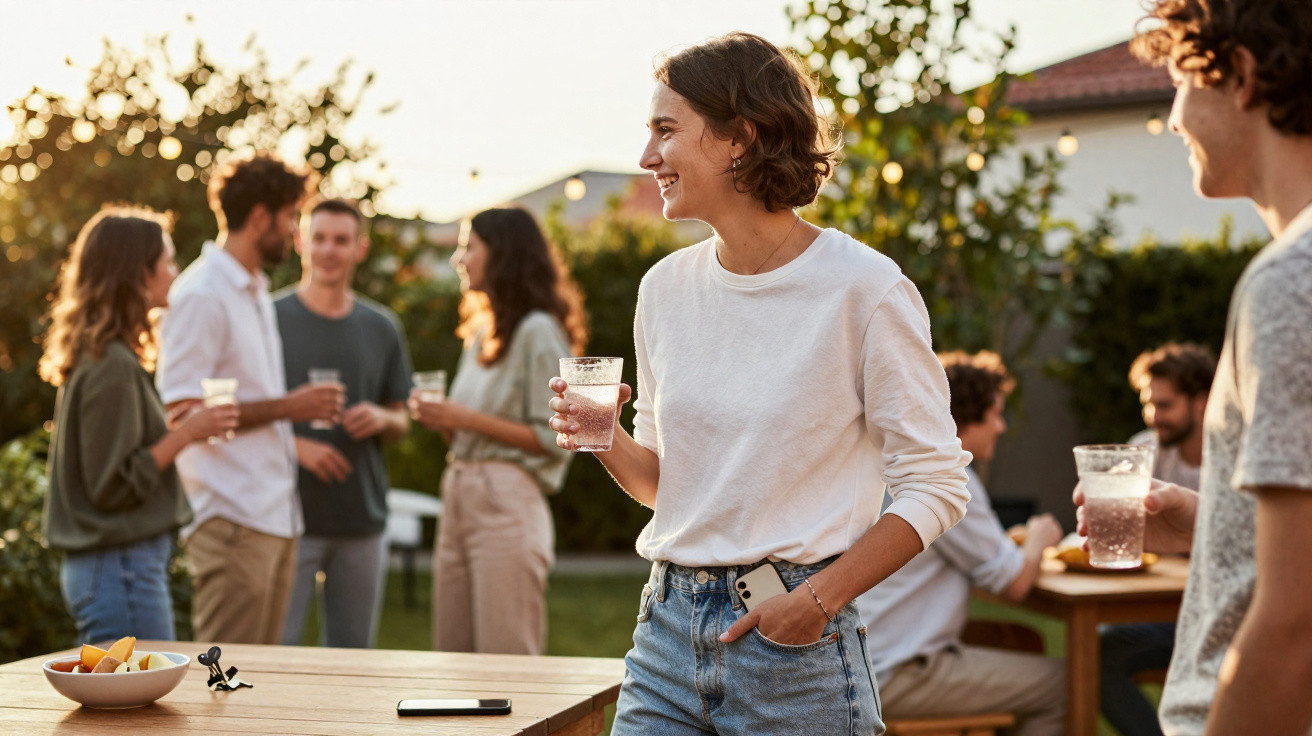 Group of young adults socialising outdoors at a casual gathering, holding drinks and chatting in a garden.