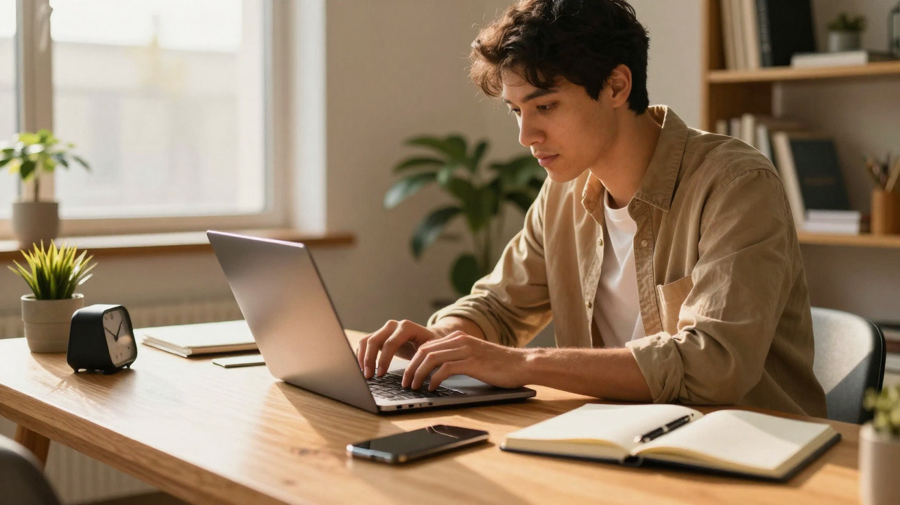 Young man typing on laptop at wooden desk with smartphone, notebook, clock and plants in bright room
