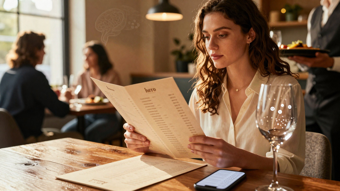 Woman reading a restaurant menu at a wooden table with a glass and smartphone, dining room background.
