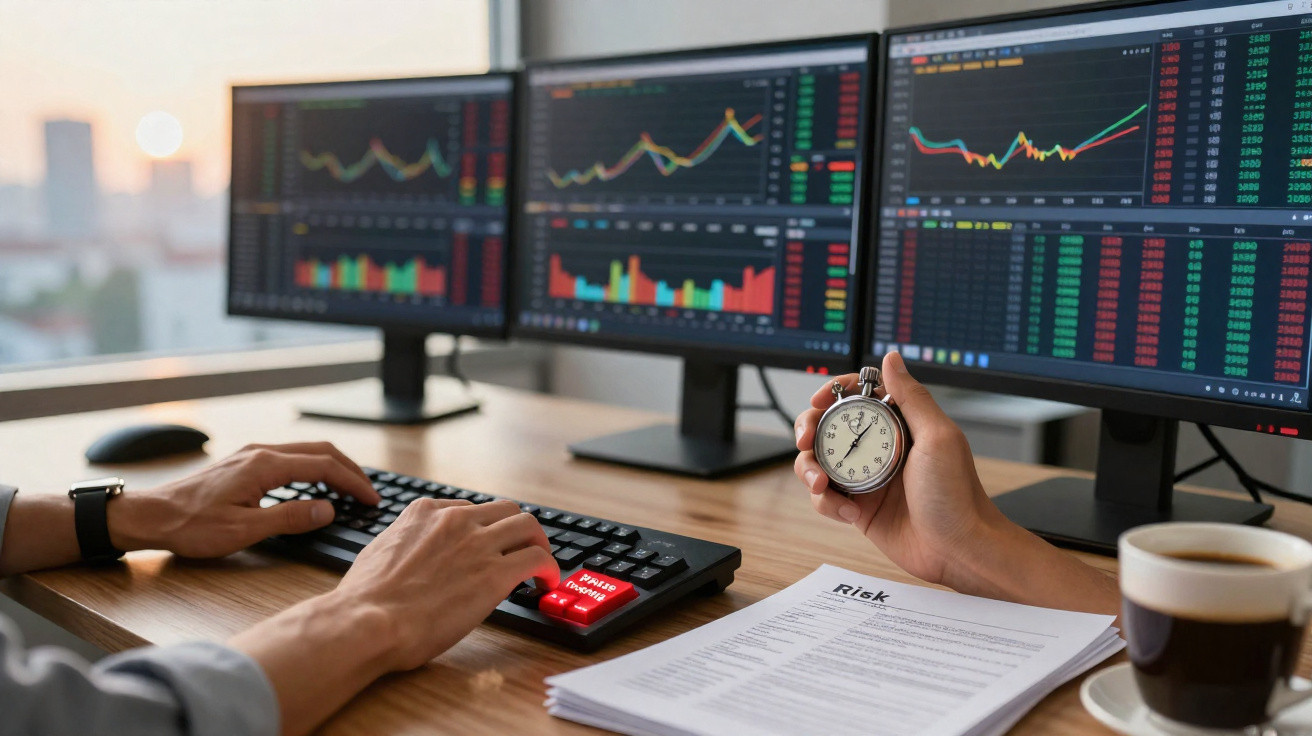 Person using a keyboard with red "panic" key beside financial data screens and holding a stopwatch on a desk with coffee.