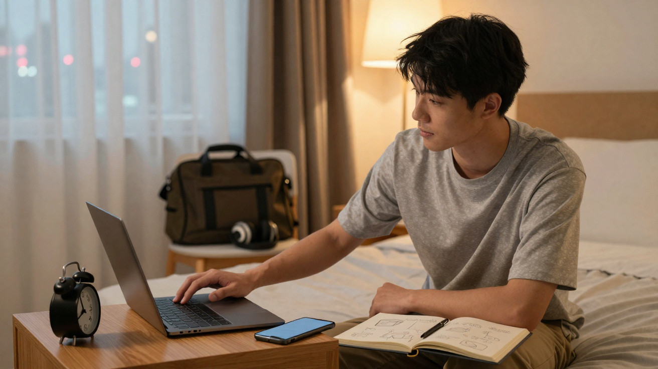 Young man using a laptop on a wooden table with an open notebook and smartphone in a dimly lit bedroom.