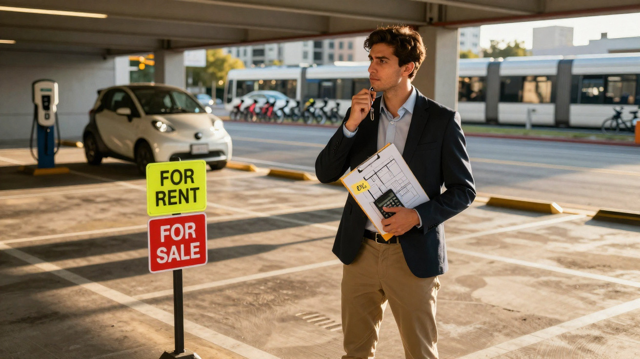 Young man in suit holding clipboard and calculator stands near for rent and for sale signs in car park.