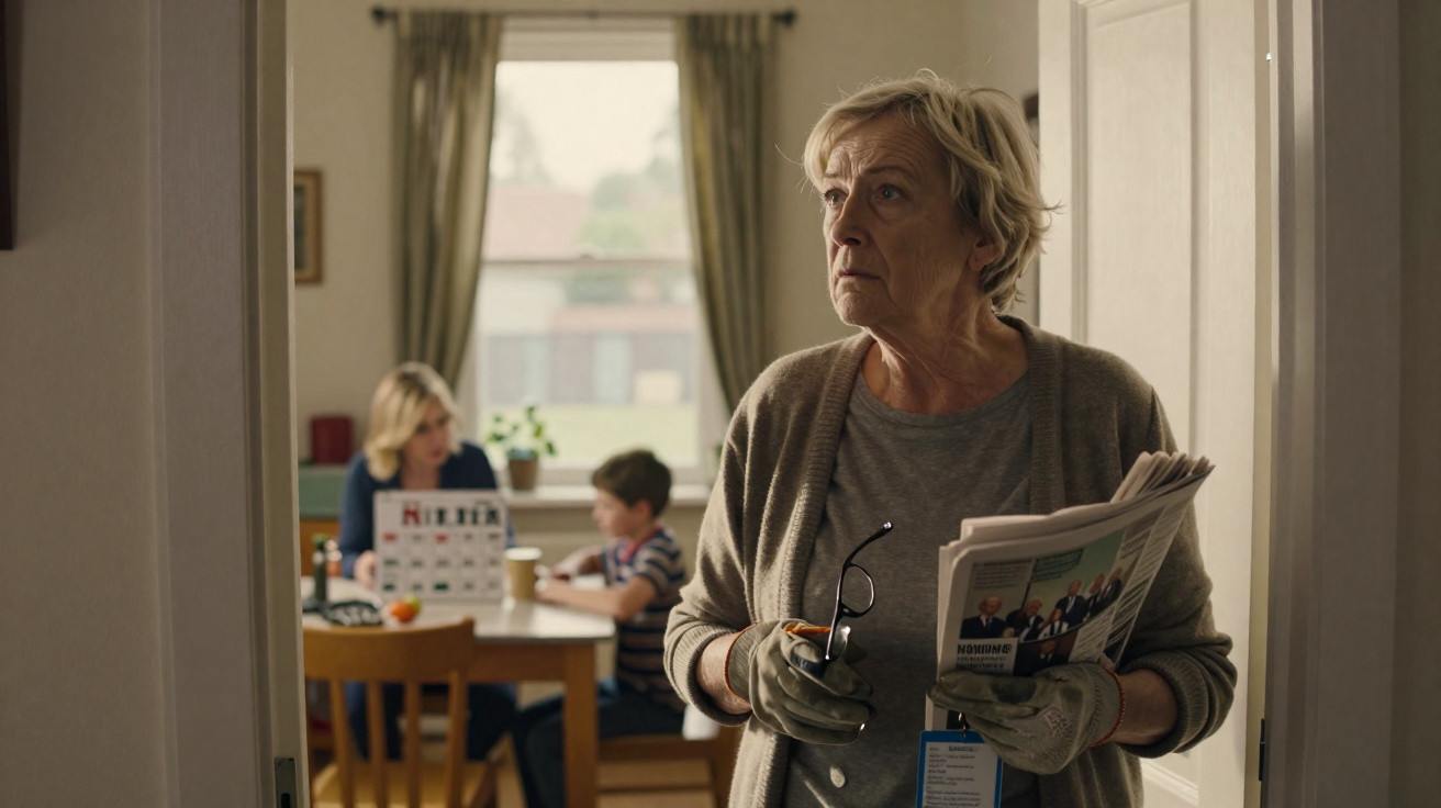Elderly woman holding newspapers and glasses, looking concerned in a doorway, with a woman and child at a table in the backgr