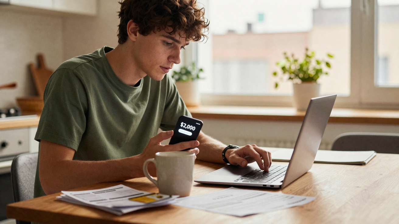 Young man using laptop and holding phone showing $2,000 while sitting at kitchen table with documents and coffee mug.