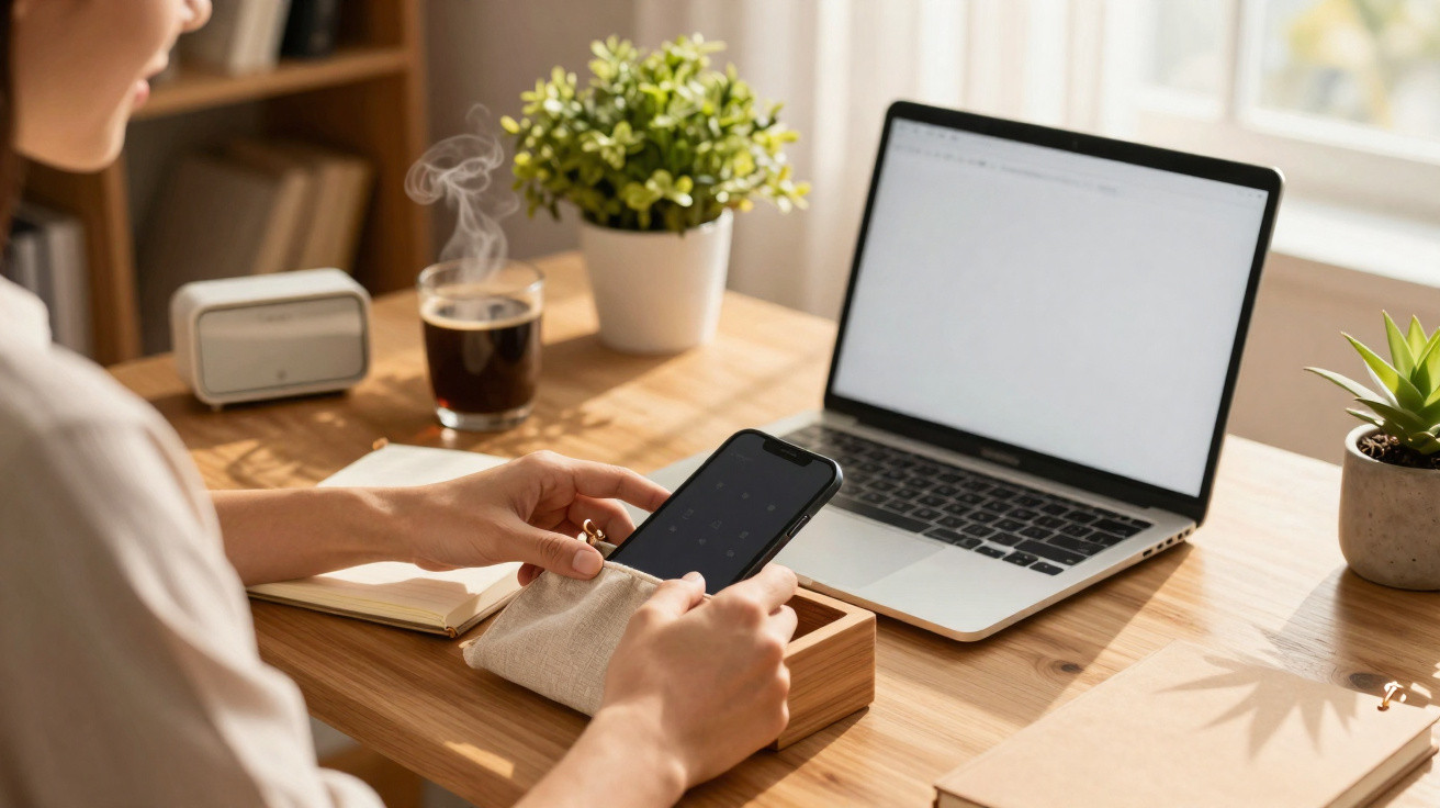 Person using a smartphone at a wooden desk with an open laptop, steaming coffee, and potted plants nearby.