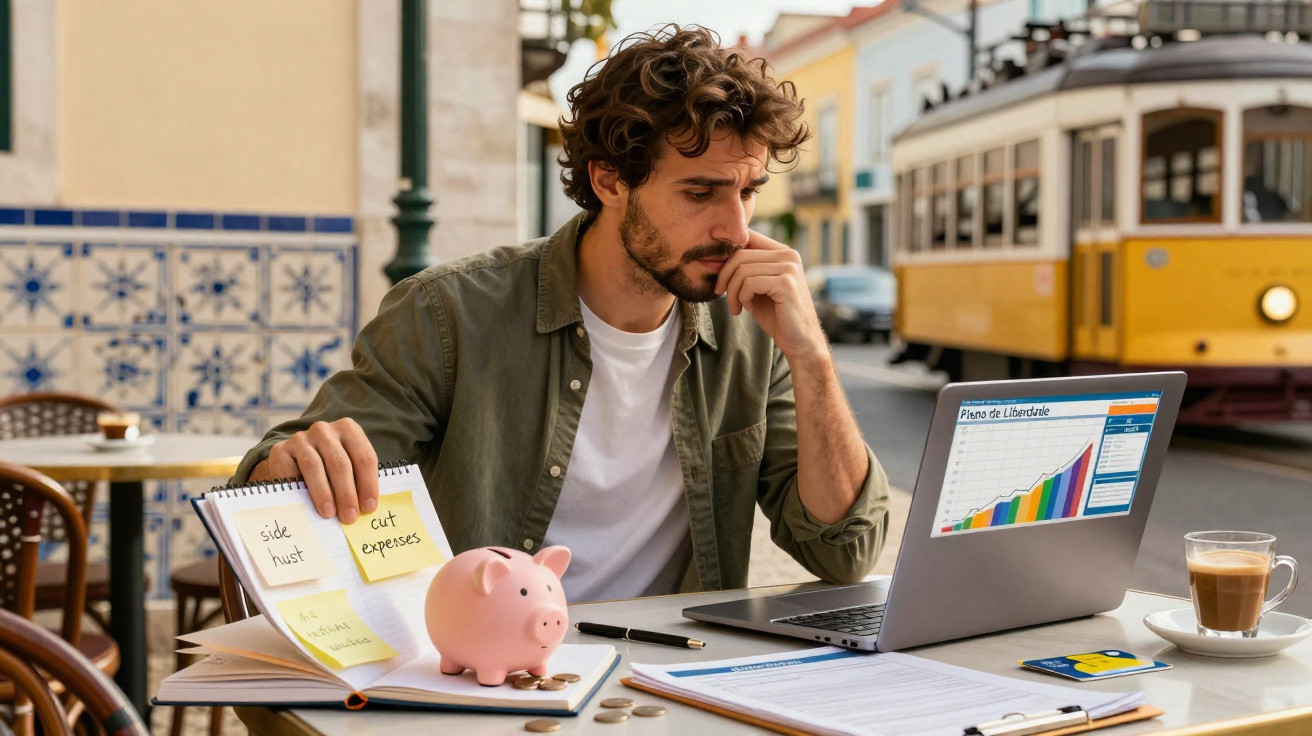 Man at outdoor café calculates finances with piggy bank, notes, and laptop showing a savings chart.
