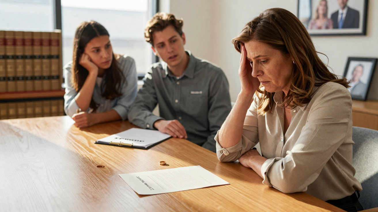 Stressed woman in a meeting with two concerned people, discussing documents on wooden table in office.