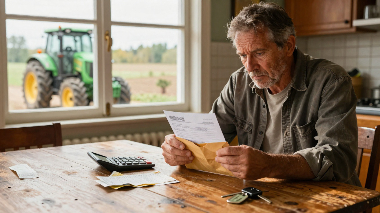 Middle-aged man reading a letter at a wooden table with a calculator and tractor visible outside window.