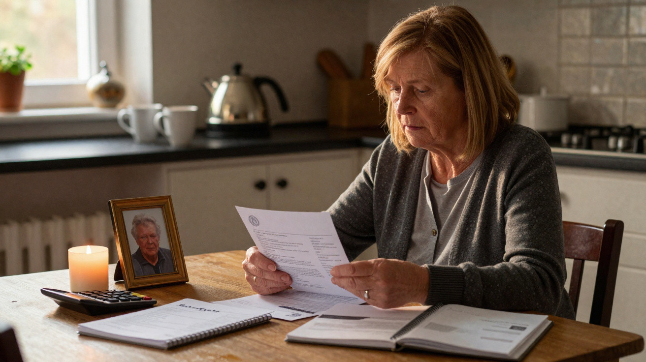 Elderly woman sitting at a kitchen table reading a letter, with a candle and a framed photo nearby.