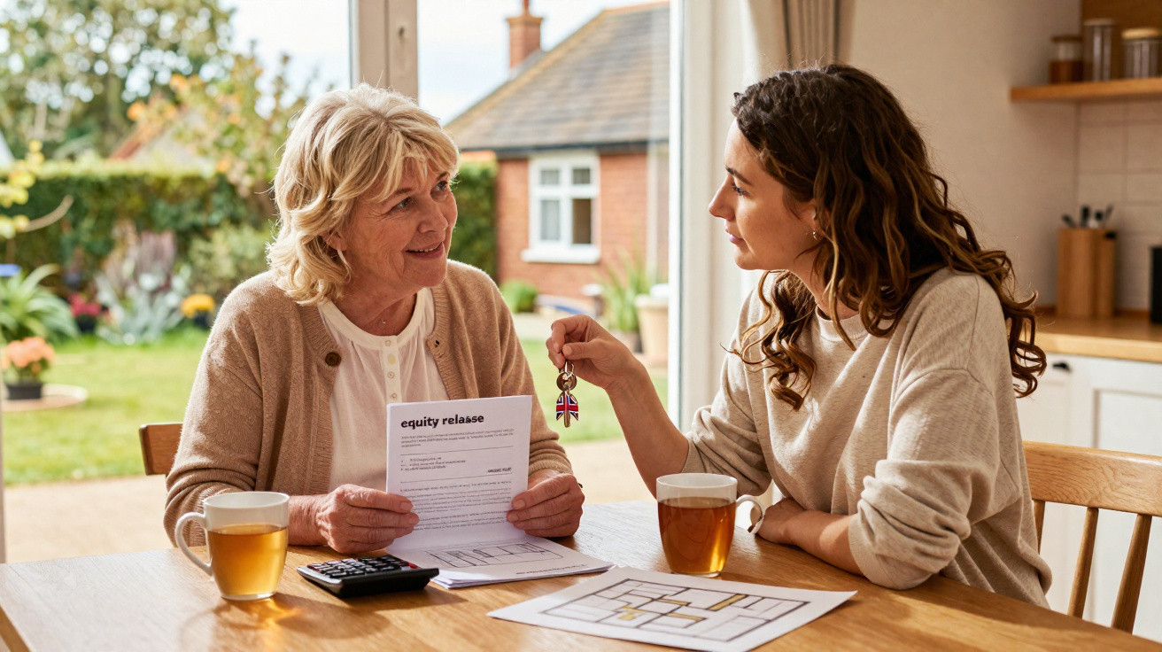Two women sitting at a table discussing equity release documents with house keys and floor plans present.