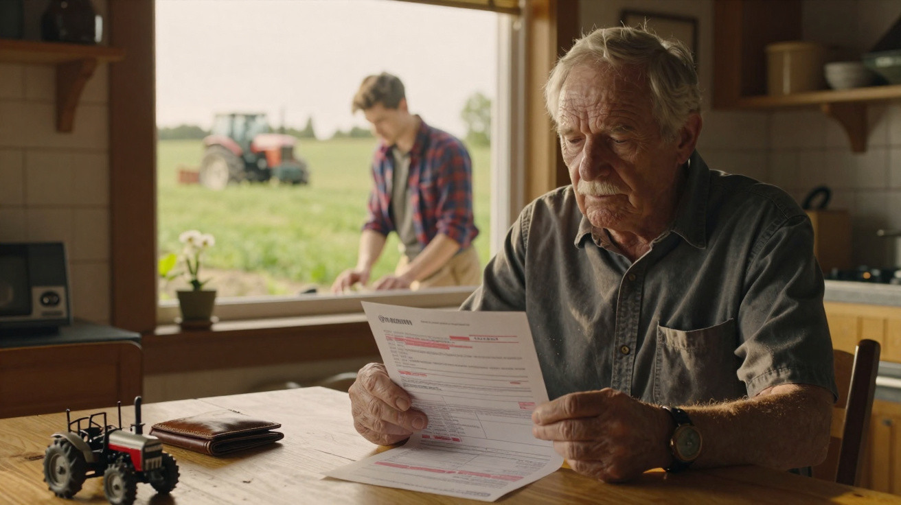 Elderly man reading a document at a kitchen table with a young man and tractor visible through the window.