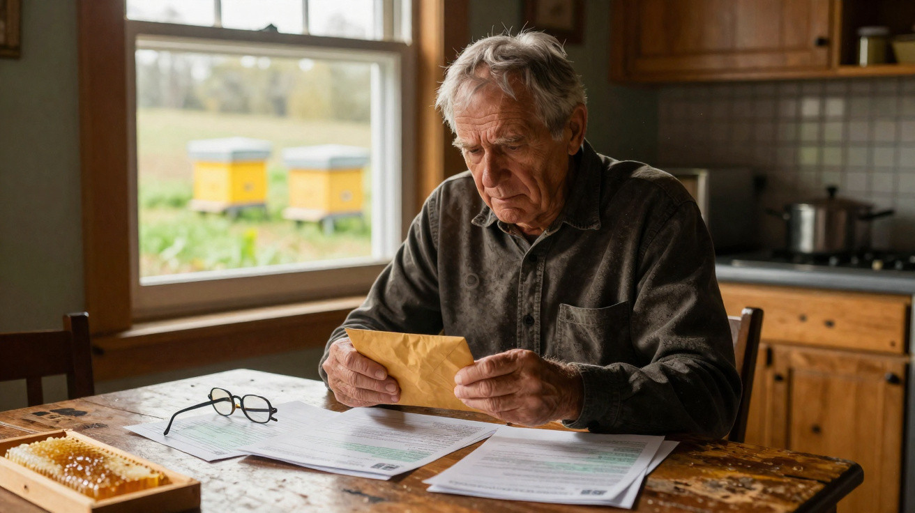 Elderly man sitting at a wooden table reading an envelope with documents and a honeycomb nearby.