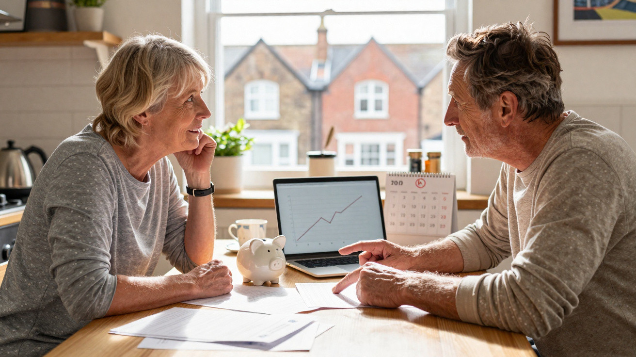 Older couple discussing finances at home with laptop, piggy bank and paperwork on table.