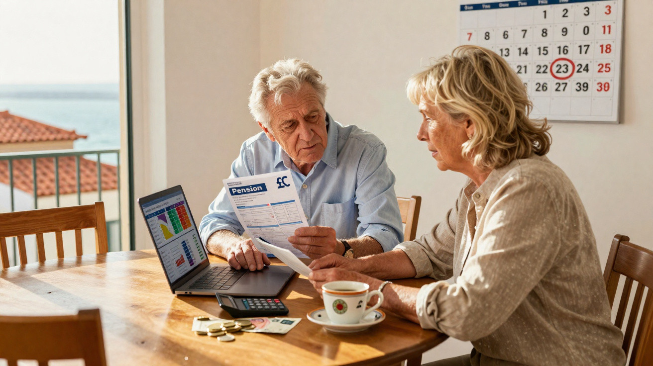 Elderly couple reviewing pension paperwork at a table with laptop, calculator, and coffee, calendar in background.
