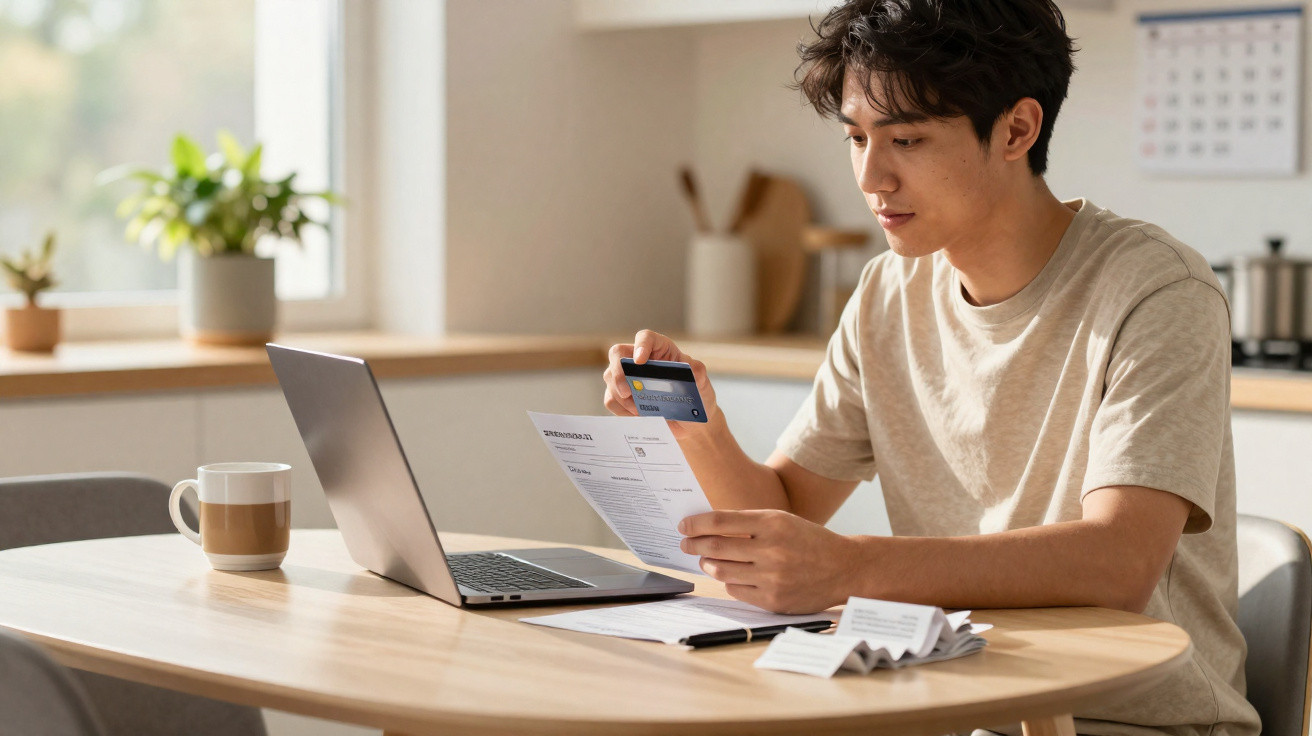 Young man using credit card and laptop to pay bills at a wooden kitchen table with a cup and receipts nearby.