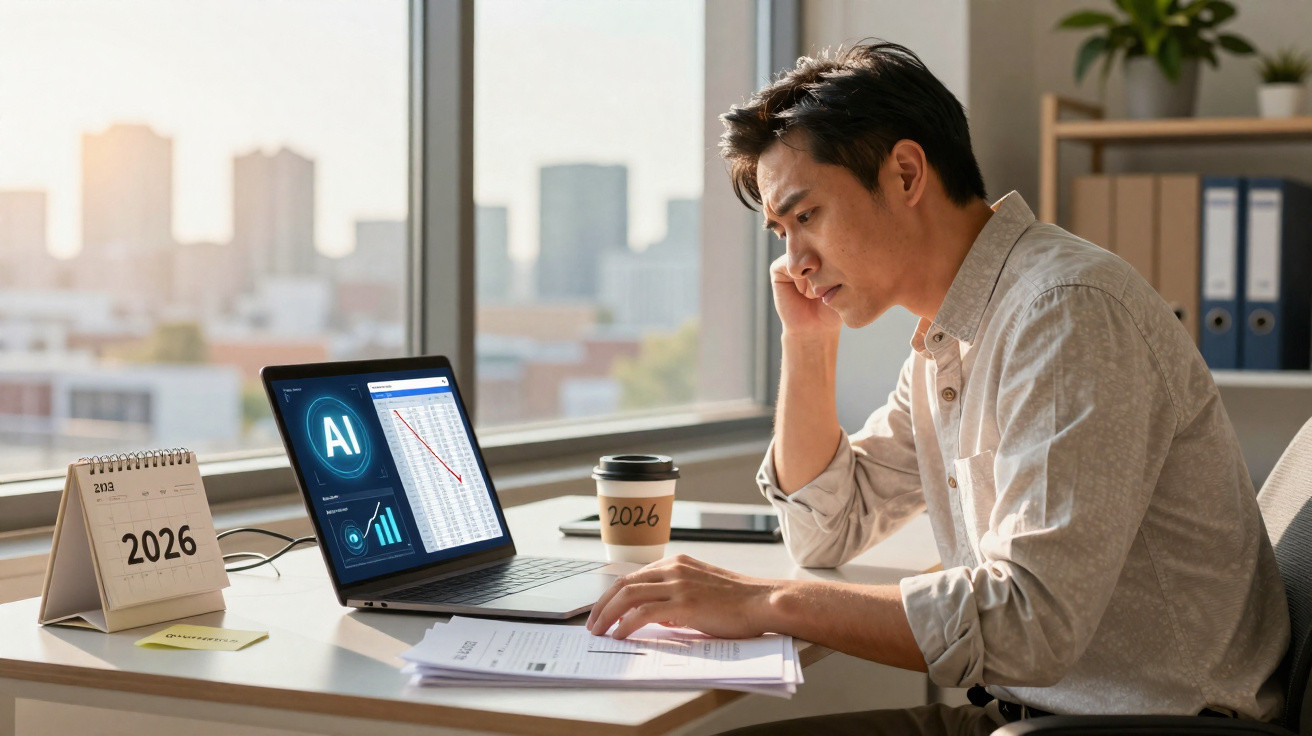 Man analysing financial charts on laptop at desk with papers, calendar and coffee in modern office.