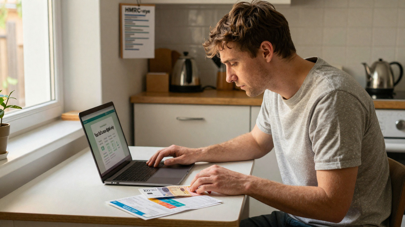 Man in grey t-shirt using a laptop at a table with financial documents in a bright kitchen.