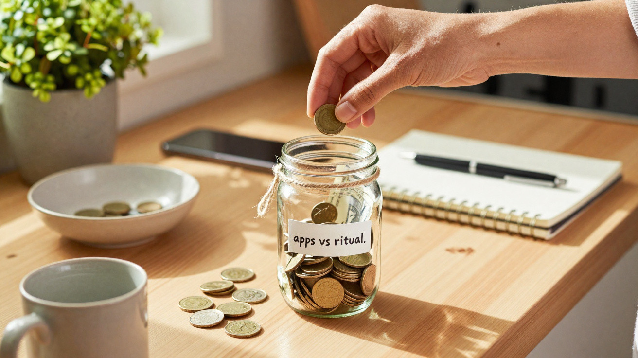 Hand placing coin into jar labelled "apps vs ritual" on wooden table with coins, notebook, and plant.