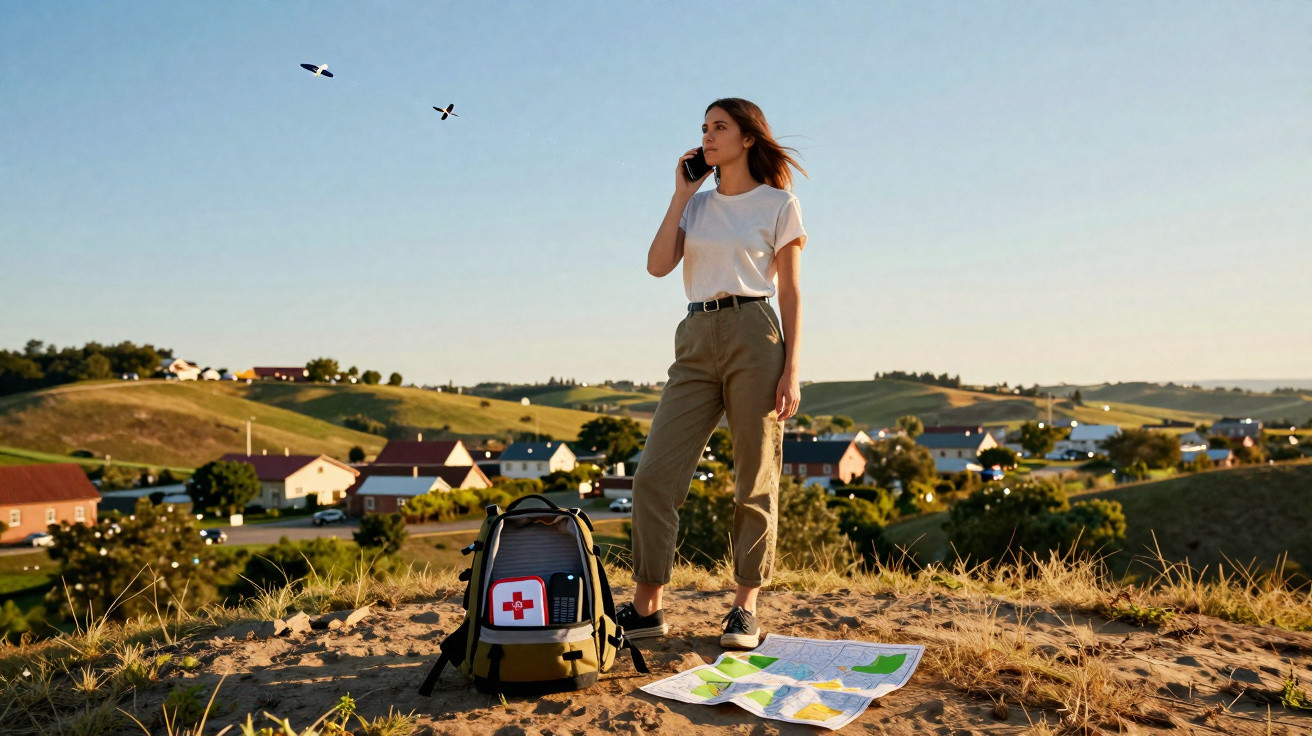 Young woman talks on phone next to a first aid backpack and map on a hill overlooking a village at sunset.